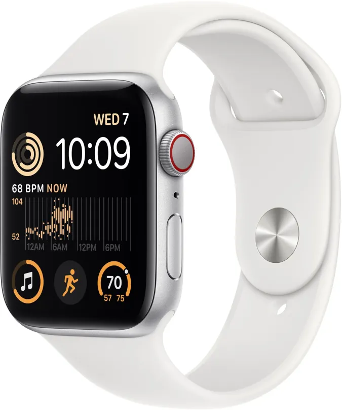 Chytré hodinky Apple Watch SE (2022) 44mm Cellular Strieborný hliník s bielym športovým remienkom