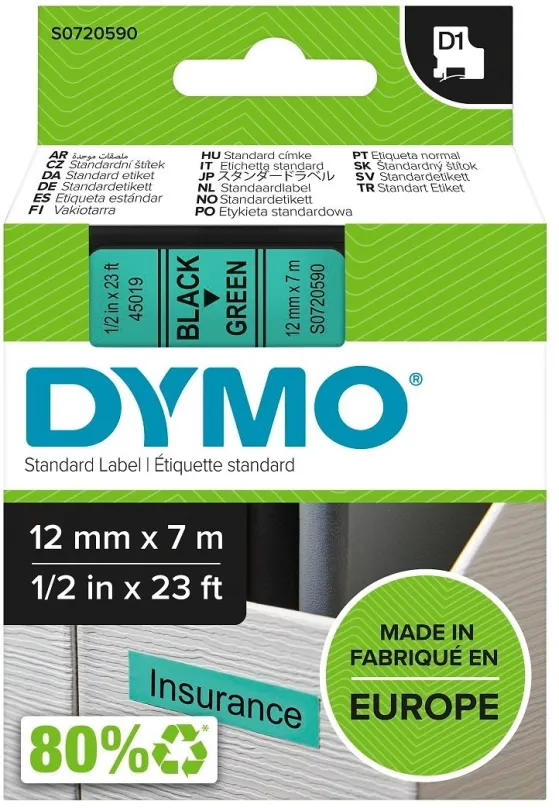 TZ páska Dymo D1, 45019, S0720590, zelená / čierna, 12mm