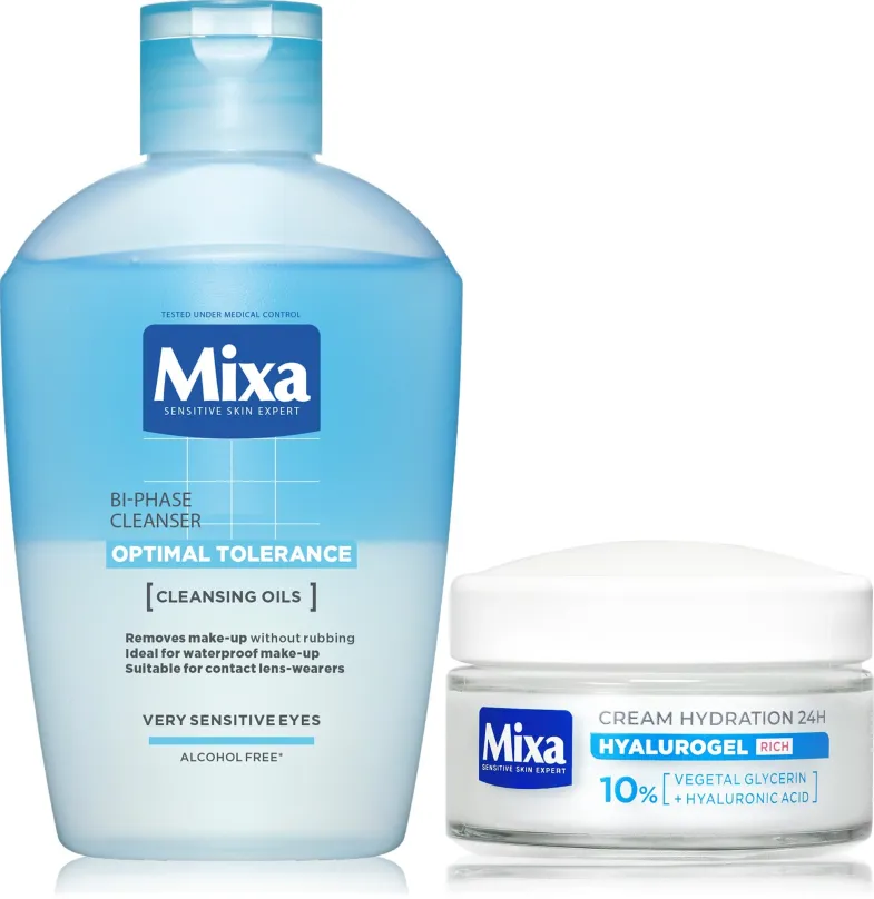 Kozmetická sada MIXA Hyalurogel rich cream + odličovač očí set 175 ml