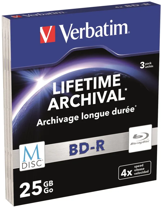 Médiá VERBATIM M-DISC BD-R SL 25GB, 4x slim case 3 ks, kapacita 25GB, rýchlosť 4x, balenie