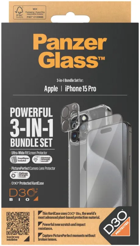 Ochranné sklo PanzerGlass Bundle 3v1 Apple iPhone 15 Pro (PG sklo + HardCase D30 + Camera Protector)