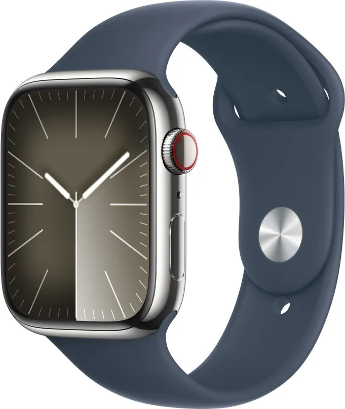 Chytré hodinky Apple Watch Series 9 45mm Cellular Strieborný nerez s búrkovo modrým športovým remienkom - M/L
