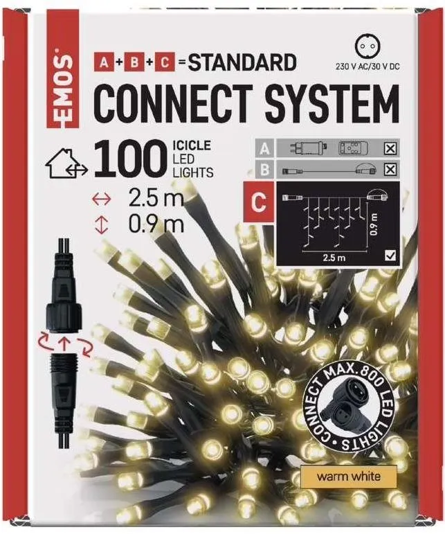 Svetelná reťaz EMOS Standard LED spojovacia vianočná reťaz – cencúle, 2,5 m, vonkajšia, teplá biela