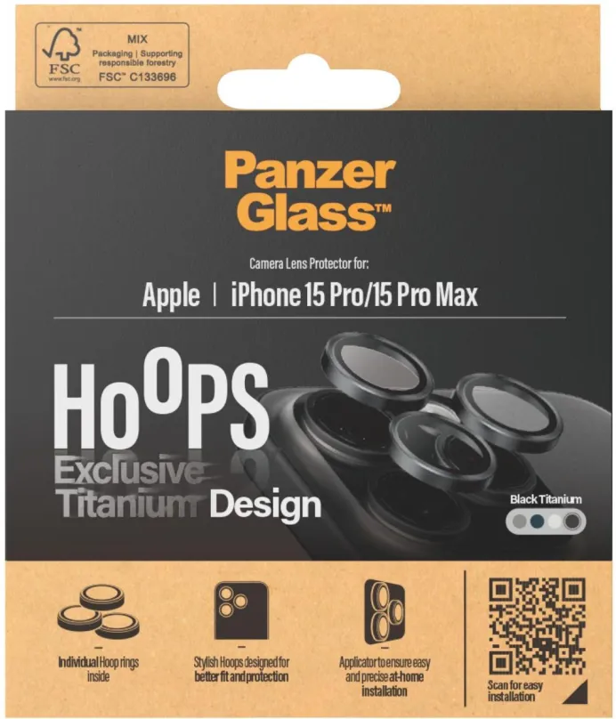 Ochranné sklo PanzerGlass HoOps Apple iPhone 15 Pro/15 Pro Max - ochranné krúžky pre šošovky fotoaparátu - čierny ti