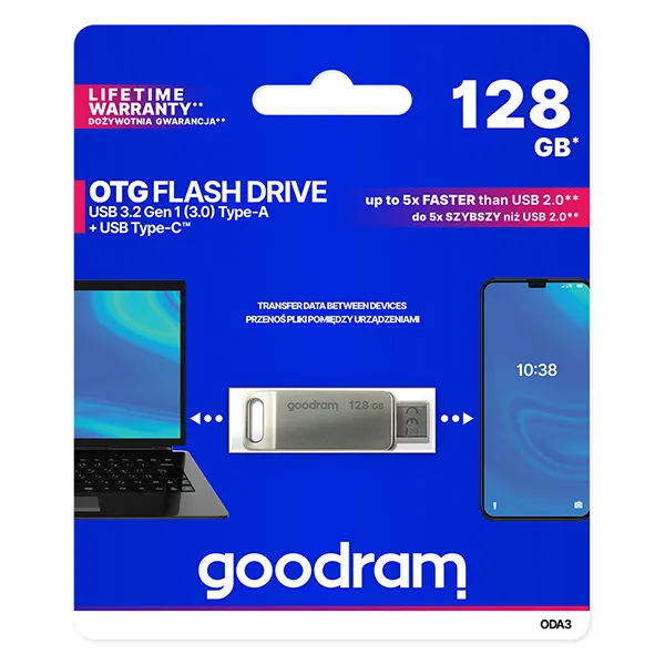 Goodram USB flash disk, USB 3.0, 128GB, ODA3, strieborný, ODA3-1280S0R11, USB A/USB C, s otočnou krytkou