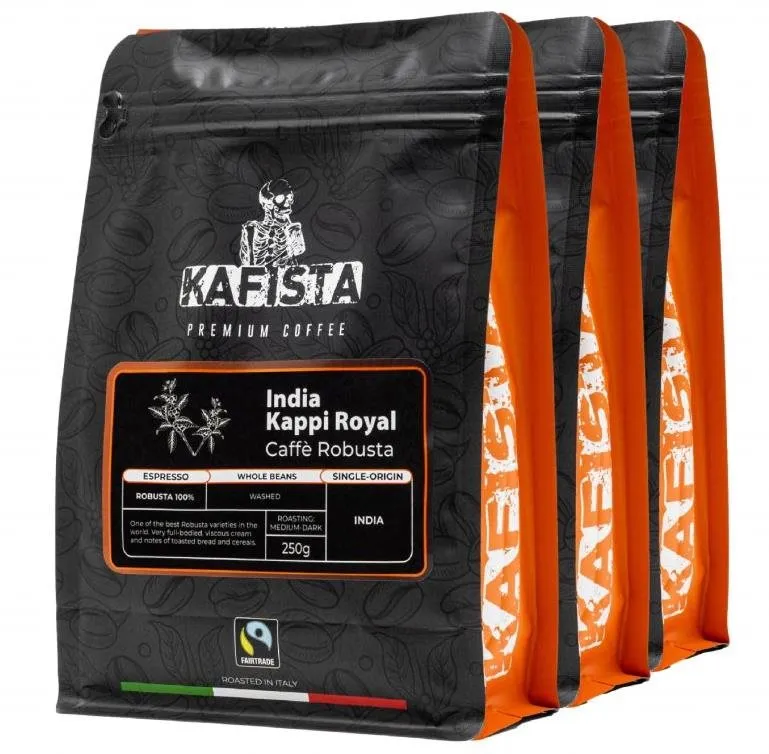 Káva Kafista "India Kappi Royal" - 100% Robusta, Pražená v Taliansku - zrnková káva na espresso 3 x 250 g