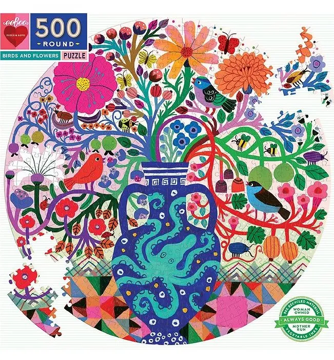 EEBOO Okrúhle puzzle Vtáčiky s kvetinami 500 dielikov