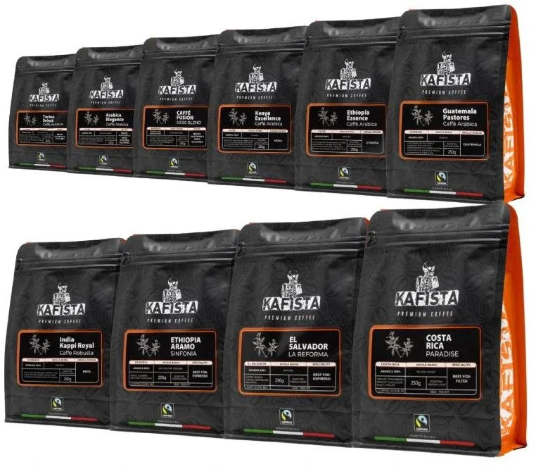 Káva Kafista Exkluzívny balíček zrnkovej kávy 10 x 250 g - Pražené v Taliansku, Fiartrade, SCA