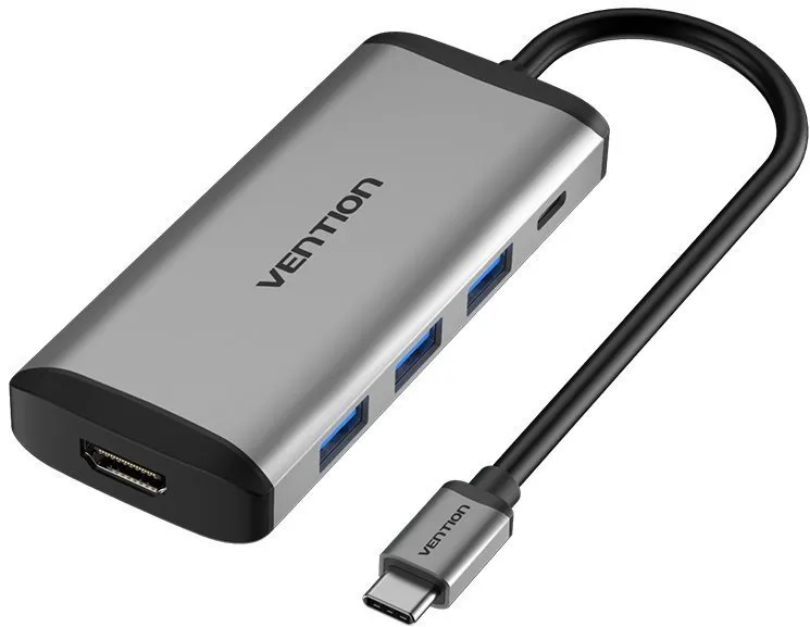 Replikátor portov Vention 5-in-1 USB-C to HDMI + 3x USB3.0 + PD Converter 0.15M Gray Metal Type