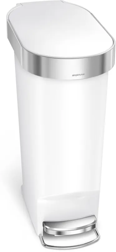 Simplehuman pedálový odpadkový kôš, 40 l, biely plast, úzky, oválny, s nerez krytom vrecka