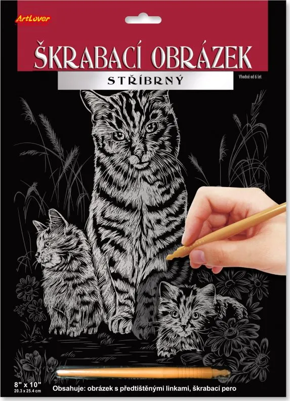ARTLOVER Škrabací obrázok strieborný Mačka s mačiatkami 20x25cm