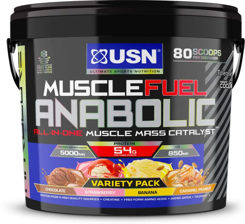Gainer USN Muscle Fuel Anabolic Variety pack (Čokoláda, Jahoda, Banán a Arašidy s karamelom) 4kg