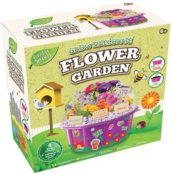 Kreatívna sada Grow&decorate vypestuj si kvety, 4 druhy sadeníc, s doplnkami, v PVC kvetináči, v krabičke