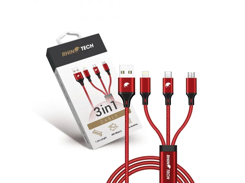 RhinoTech nabíjací a dátový kábel 3v1 USB-A (MicroUSB + Lightning + USB-C) 1,2m červená