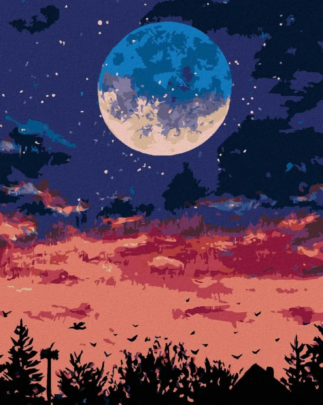 Maľovanie podľa čísel Mesiac nad nočným mestom, 80x100 cm, bez rámu a bez vypnutia plátna