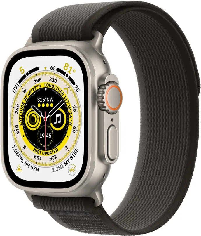 Chytré hodinky Apple Watch Ultra 49mm titánové púzdro s čierno-sivým trailovým ťahom - S/M