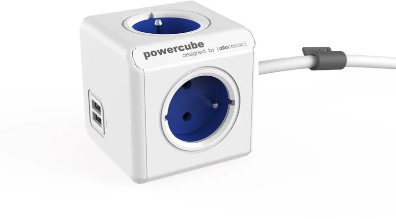 Zásuvka PowerCube Extended USB modrá, - 4 výstupy, detská poistka, uzemnenie, 1,5m kábel,