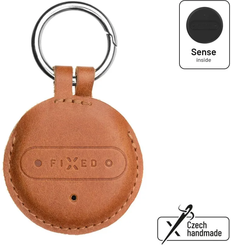 Bluetooth lokalizačný čip FIXED Sense s hnedým koženým puzdrom a karabínou