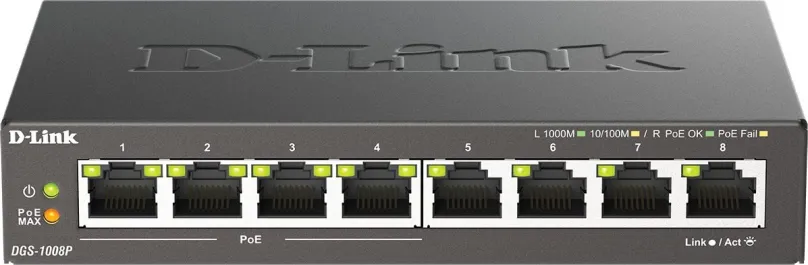 Switch D-Link DGS-1008P, desktop, 8x RJ-45, 8x 10/100/1000Base-T, Auto-MDI/MDIX, PoE (Po