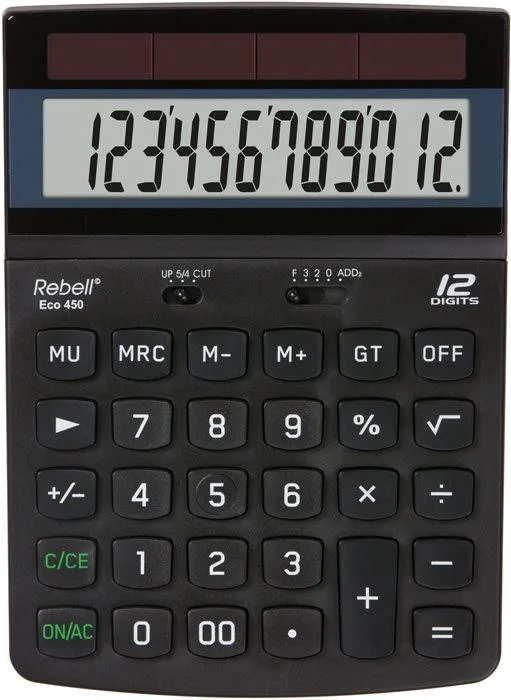 Kalkulačka REBELL ECO 450, stolné, batériové napájanie, 12miestny 1riadkový displej, odmoc