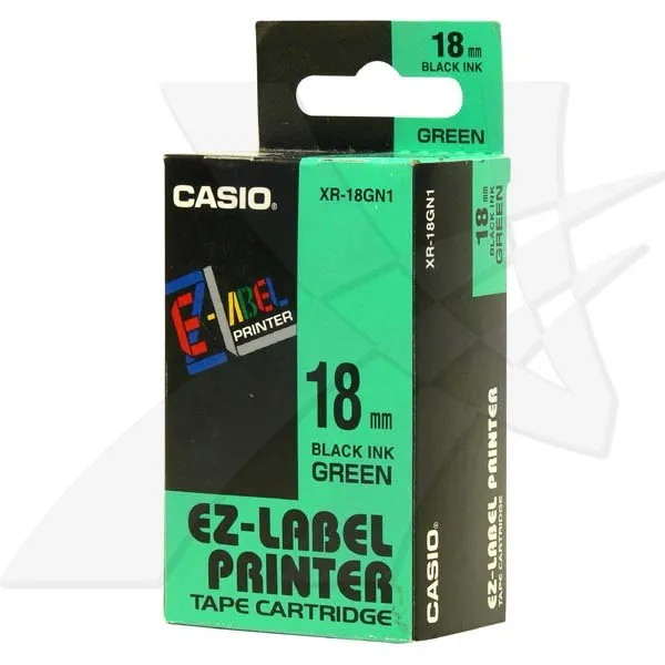 Casio originálna páska do tlačiarne štítkov, Casio, XR-18GN1, čierna tlač/zelený podklad, nelaminovaná, 8m, 18mm
