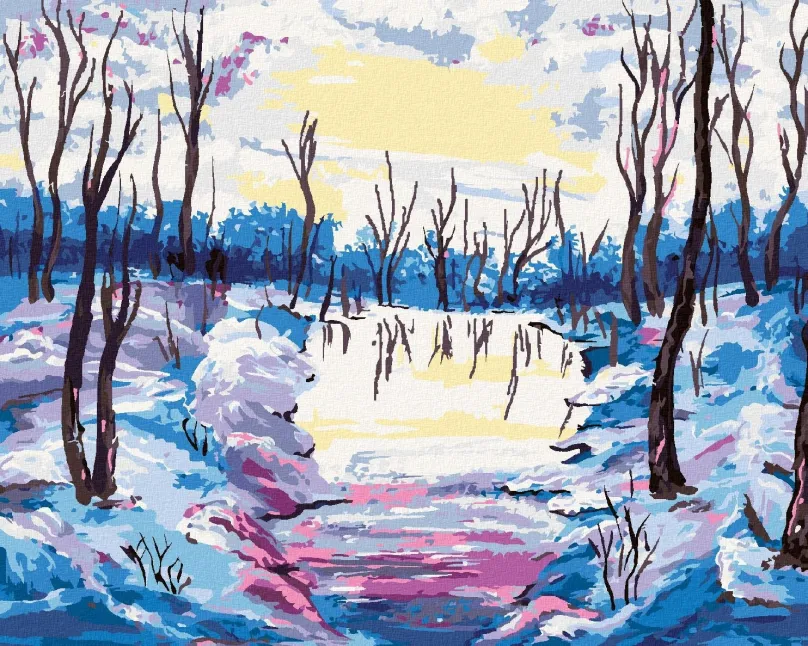 Maľovanie podľa čísel Zimný les s výhľadom na rieku, 80x100 cm, bez rámu a bez vypnutia plátna