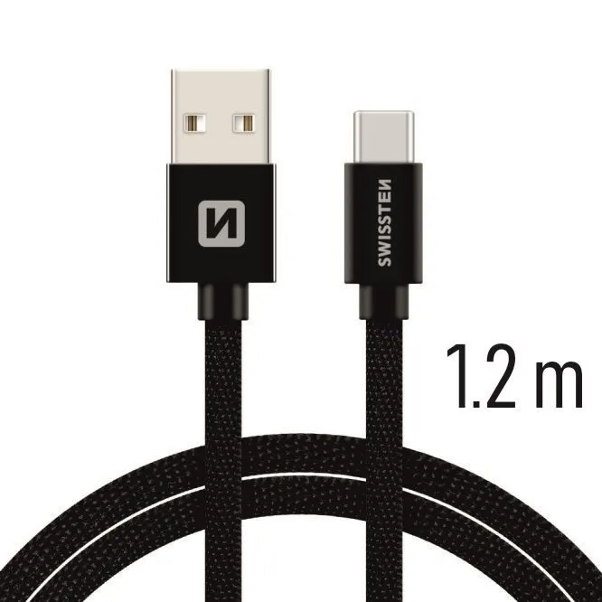 Dátový kábel Swissten textilný dátový kábel USB-C 1.2m čierny