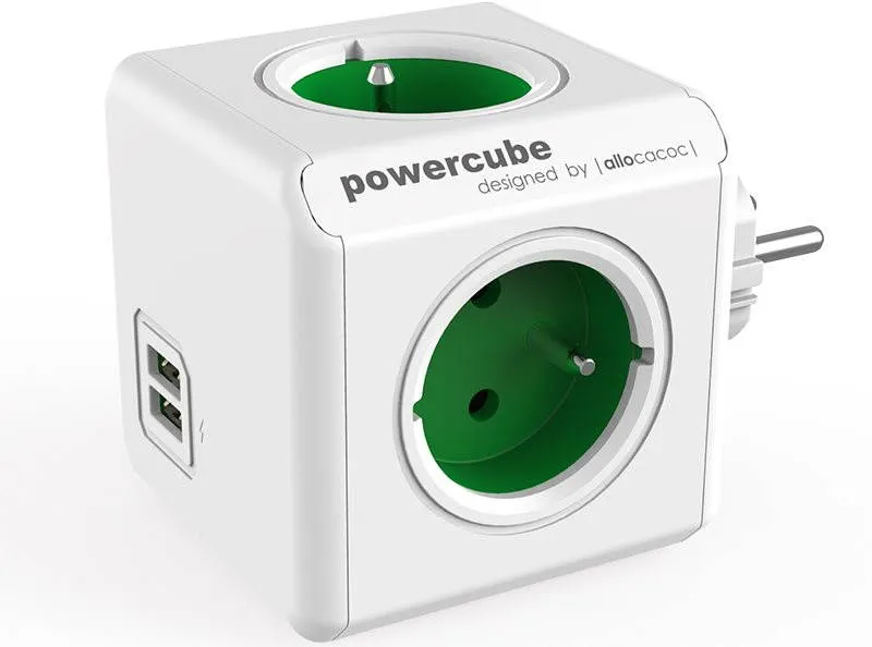 Zásuvka PowerCube Original USB zelená, – 4 výstupy, detská poistka, uzemnenie, 2 USB porty