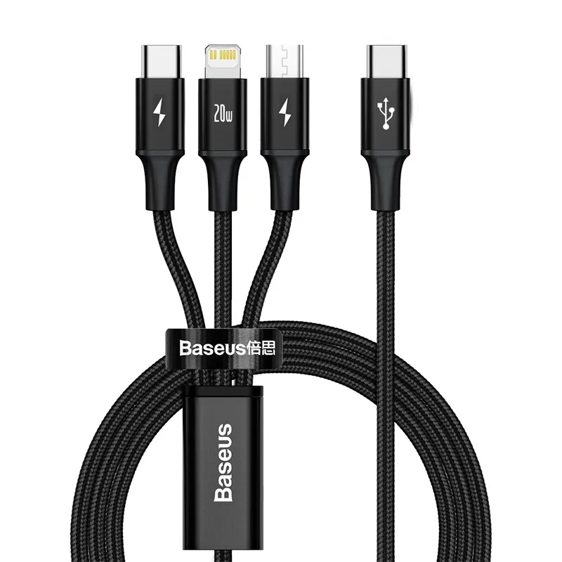 Baseus Rapid Series dátový kábel 3v1 USB-C (Micro + Lightning + USB-C) PD 20W 1,5m čierna