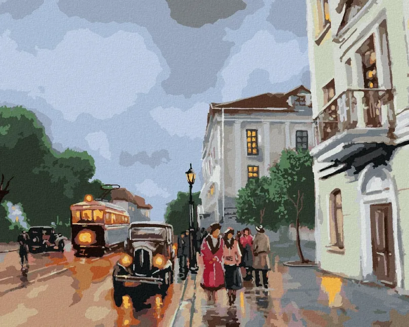 Maľovanie podľa čísel Staré mesto s autami, 40x50 cm, bez rámu a bez vypnutia plátna