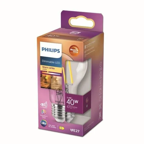 Philips 8719514323759 LED filamentová žiarovka 3,4W/40W | E27 | 470lm | 2200-2700K | A60 - stmievateľná, WarmGlow