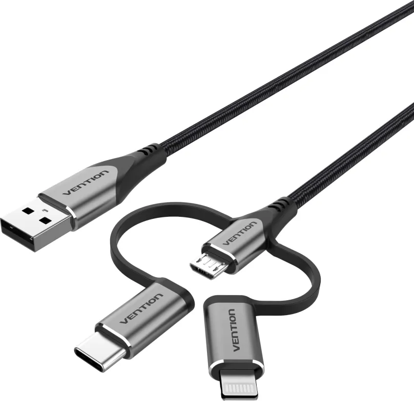 Dátový kábel Vention MFi USB 2.0 to 3-in-1 Micro USB & USB-C & Lightning Cable 1.5m Gray Aluminum Alloy Type