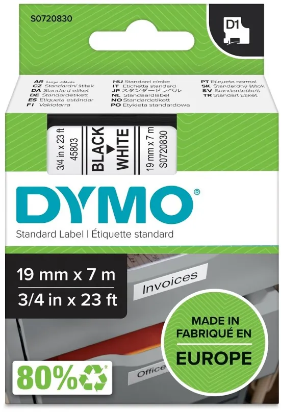 TZ páska Dymo D1, 45803, S0720830, biela / čierna, 19mm