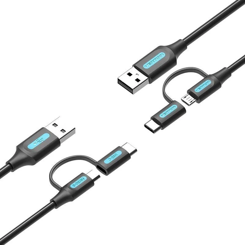 Dátový kábel Vention USB 2.0 to 2-in-1 Micro USB & USB-C Cable 0.25 Black PVC Type