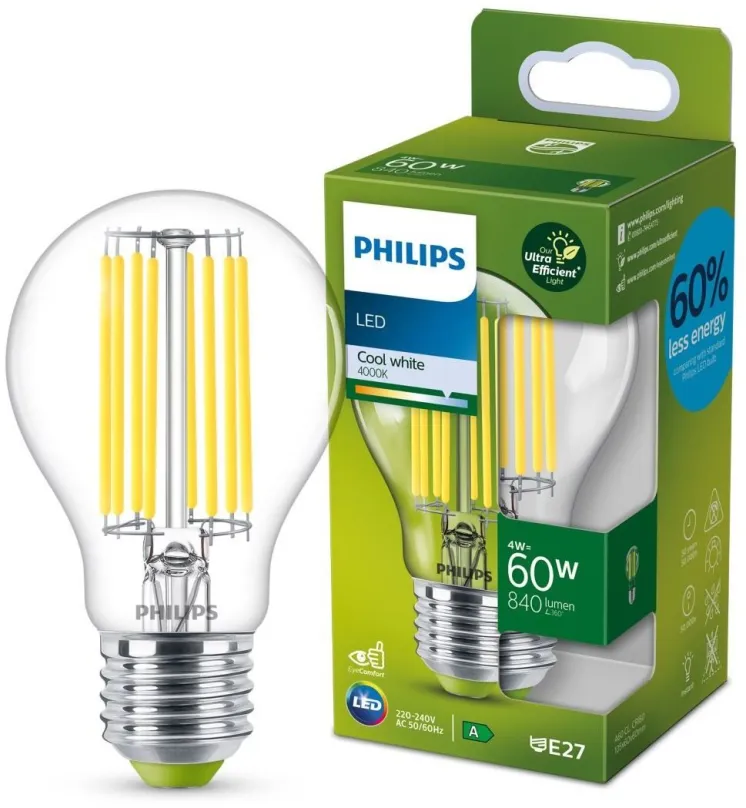 Philips 8719514343801 LED filamentová žiarovka 1x4W/60W | E27 | 840lm | 4000K - číra, Ultra Efficient