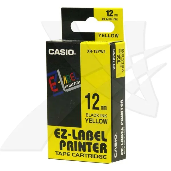 Casio originálna páska do tlačiarne štítkov, Casio, XR-12YW1, čierna tlač/žltý podklad, nelaminovaná, 8m, 12mm