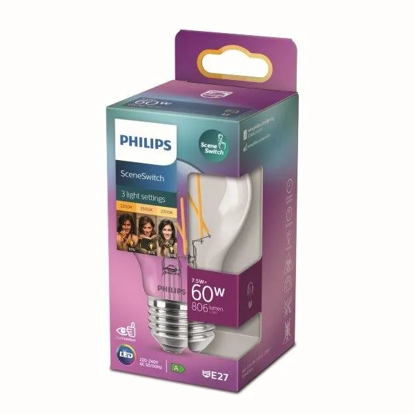 Philips 8718699772130 LED žiarovka 1x7,5/3/1,6W | E27 | 806lm | 2200K-2500-2700K - 3 svetelné módy, číra, Eyecomfort