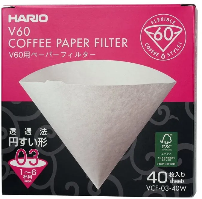 Filter na kávu Hario papierové filtre V60-03 (VCF-03-40W), biele, 40 ks