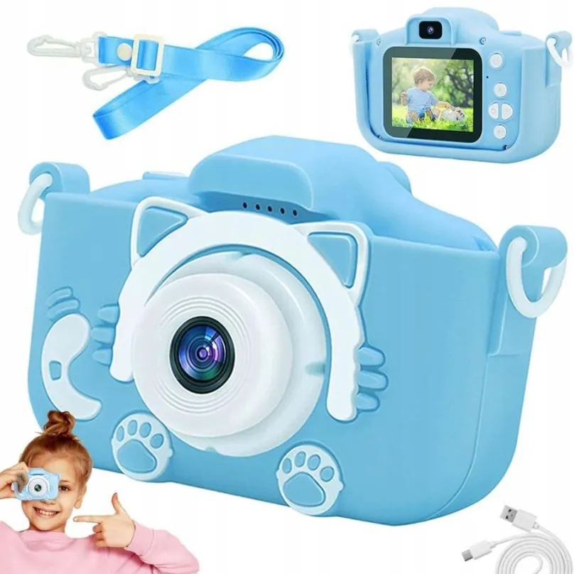 Detský fotoaparát Verk Multifunkčný digitálny fotoaparát pre deti 9 x 6 x 5 cm, modrý s mačičkou