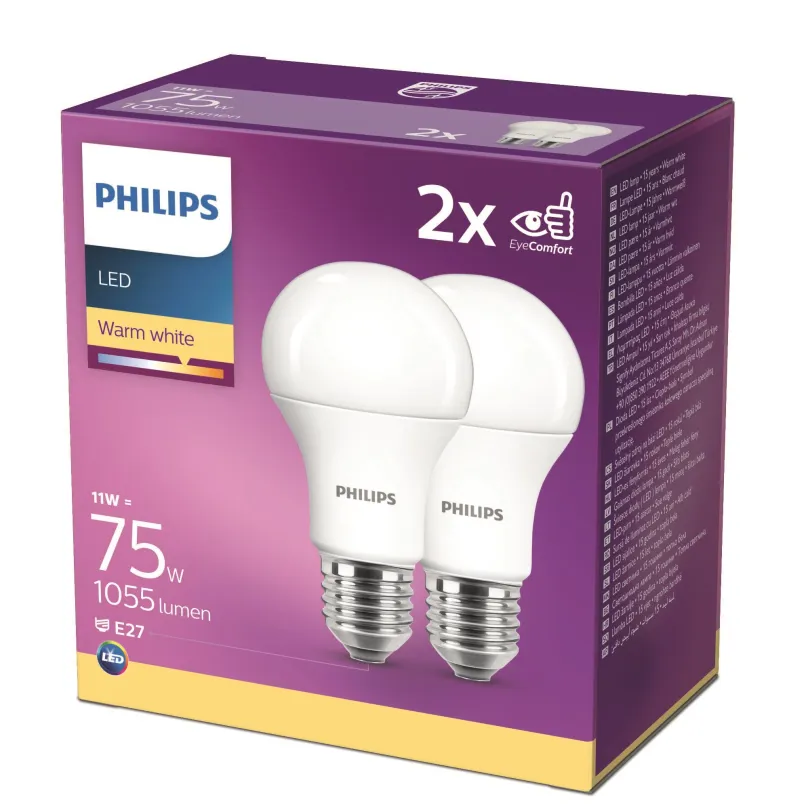 Philips 8718699726973 2x LED žiarovka 1x11W | E27 | 806lm | 2700K - double pack, EYECOMFORT