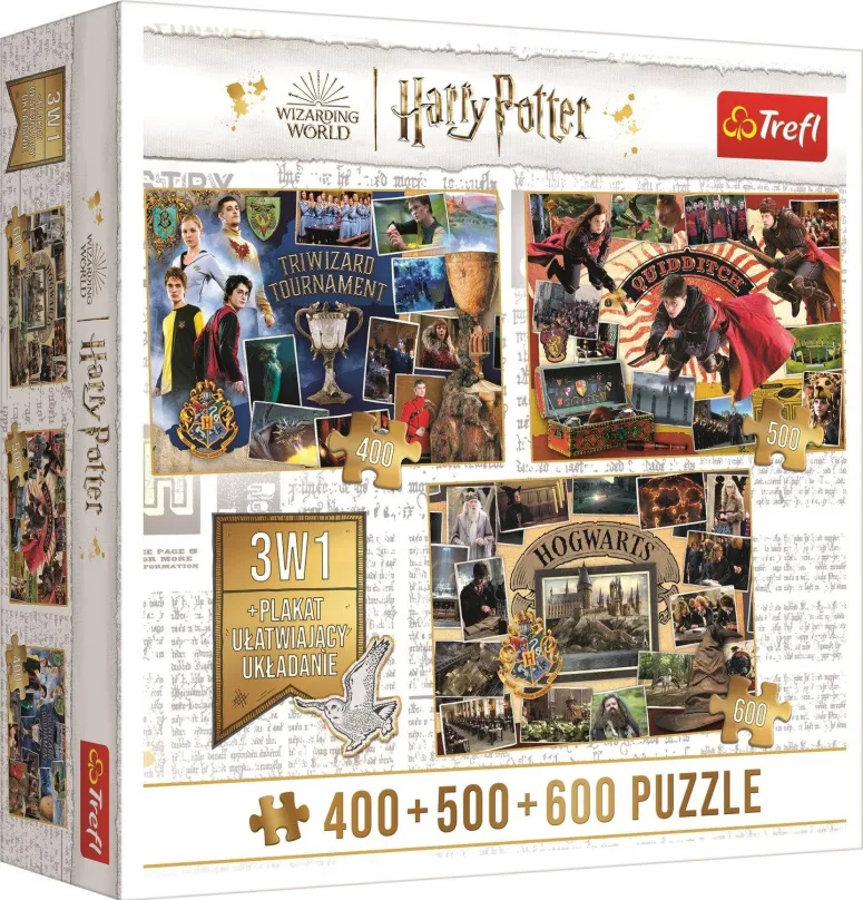 Puzzle Trefl Puzzle Harry Potter Turnaj troch kúzelníkov, metlobal a Rokfort 400 + 500 + 600 dielikov