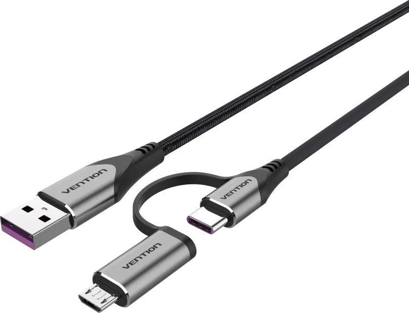Dátový kábel Vention USB 2.0 to 2-in-1 USB-C & Micro USB Male 5A Cable 1m Gray Aluminum Alloy Type