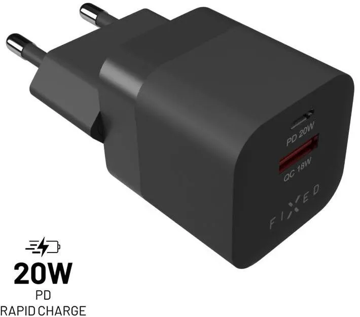 Nabíjačka do siete FIXED PD Rapid Charge Mini s USB-C a USB výstupom podpora PD a QC 3.0 20W čierny
