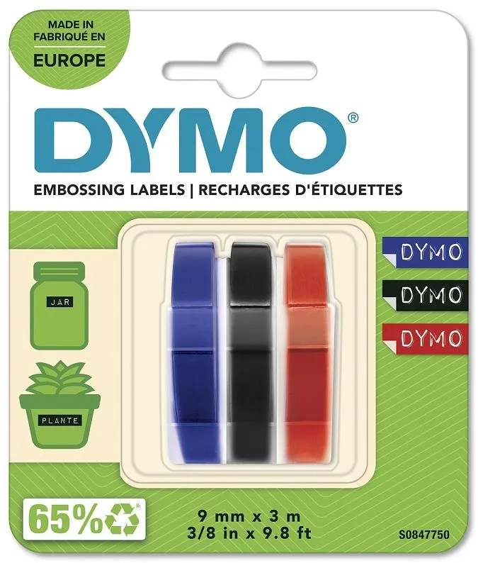 TZ páska Dymo 3D páska, MIX - čierna, modrá, červená, 1 blister / 3 ks, 9 mm x 3 m