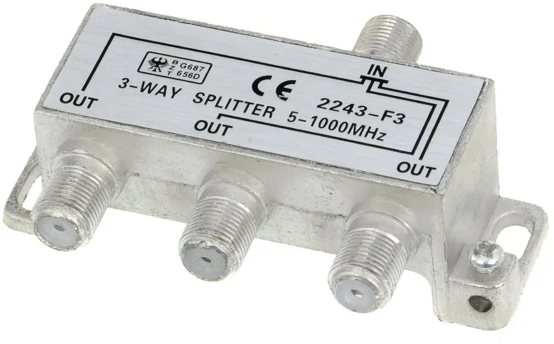 Rozbočovač FV 3, (roztrojka) - male konektory: 4× koaxiálny konektor (F), rovné zakončenie