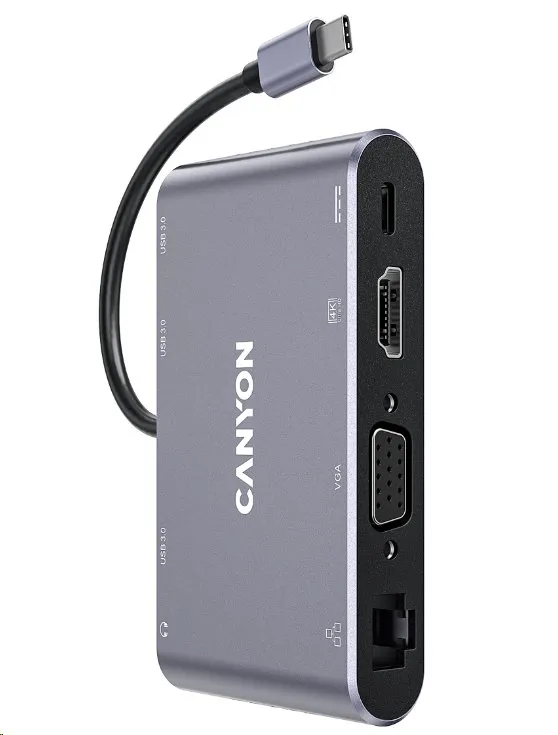 CANYON replikátor portov DS-14 8v1, 1x USB-C PD 100W, 1x HDMI (4K), VGA, 3x USB-A 3.0, RJ45 Gb, 3.5mm jack