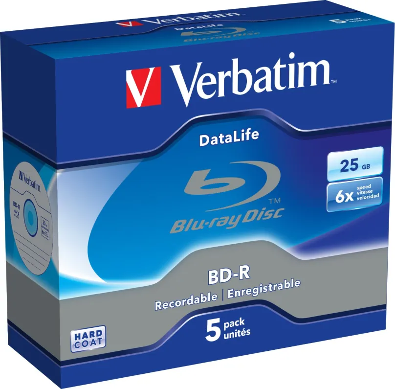 Médiá VERBATIM BD-R SL DataLife 25GB, 6x, šperk case 5 ks, BD-R Single Layer, kapacita 25G