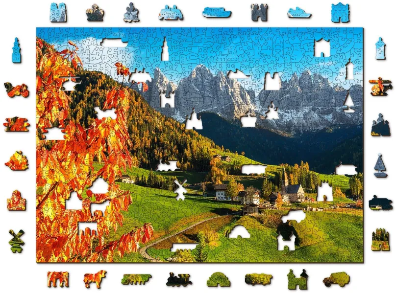 Puzzle Woden City Drevené puzzle Santa Maddalena, Dolomity, Taliansko 2v1, 1010 dielikov eko
