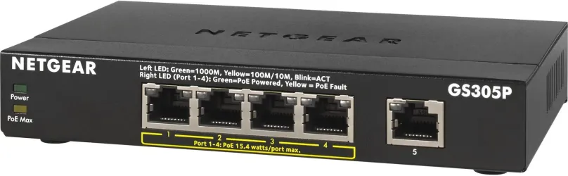 Switch Netgear GS305P, desktop, 5x RJ-45, Auto-MDI/MDIX, Power over Ethernet (PoE) a QoS