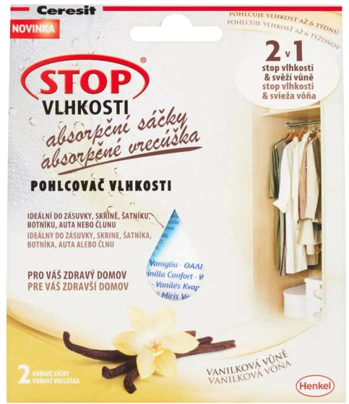Pohlcovač vlhkosti CERESIT Stop Vlhkosti 2v1 - absorpčné vrecúška vanilka 2 x 50 g